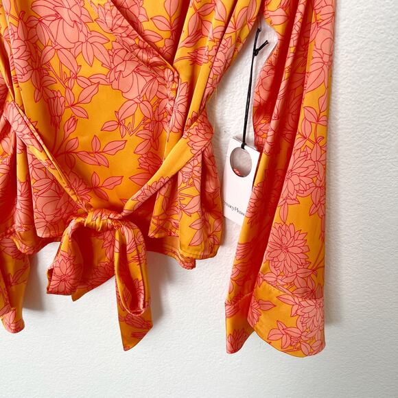 [Privacy Please] Orange Floral Print Bell Sleeve Linnea Wrap Blouse NWT Medium M - Picture 10 of 12